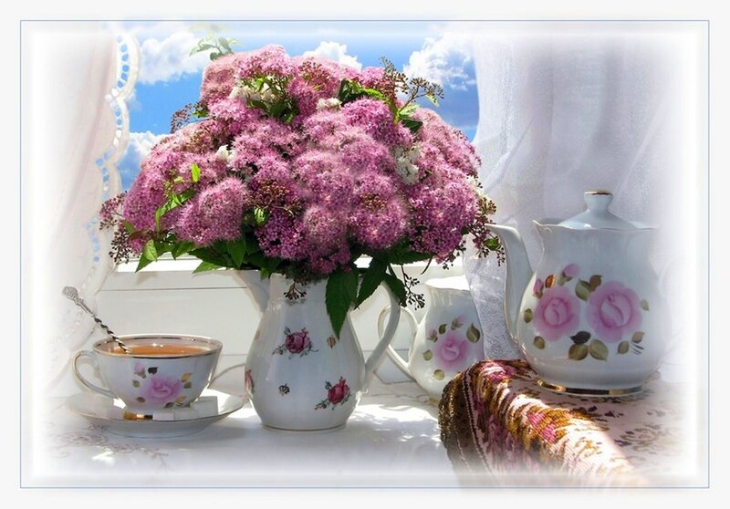 Tea Set with Flowers — White, Serene, Afternoon, Photograph, Teapot, Cup