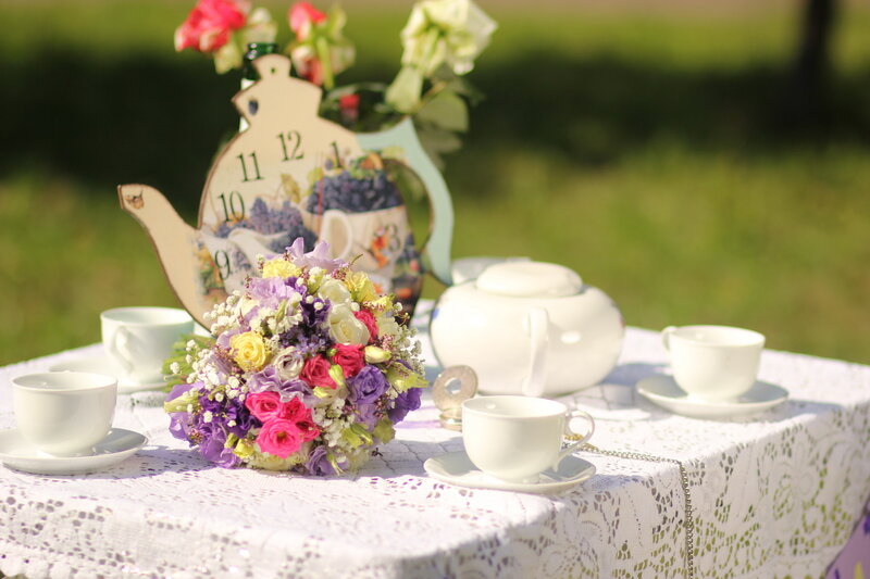 Tea Set with Flowers — White, Serene, Afternoon, Photograph, Teapot, Cups