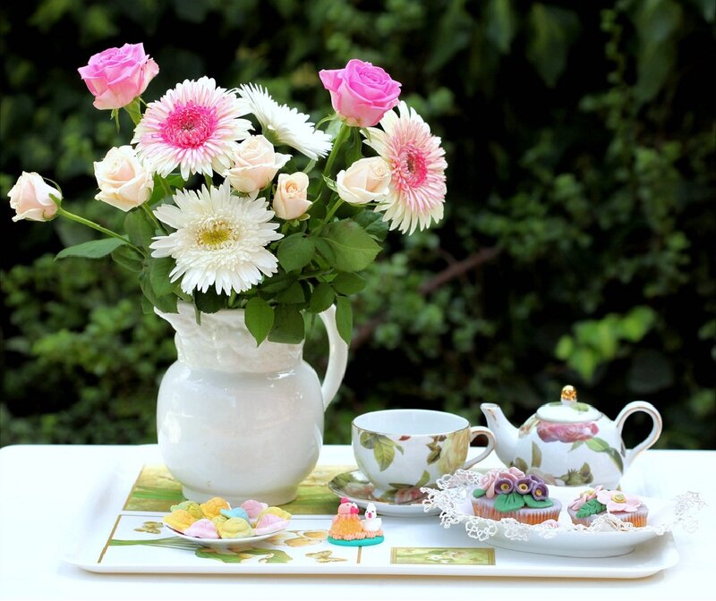 Tea Set with Flowers — White, Serene, Afternoon, Photograph