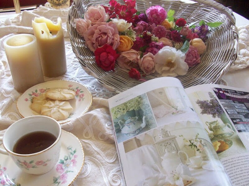 Tea Set with Flowers — White, Serene, Morning, Photograph, Candles