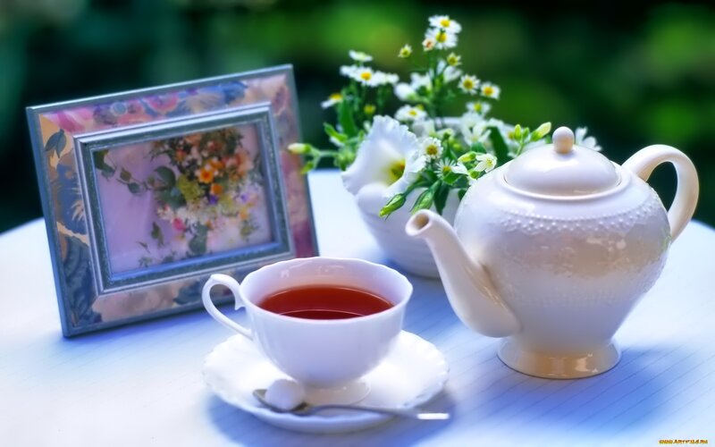 Tea Set with Flowers — White, Serene, Morning, Photograph, Picture Frame