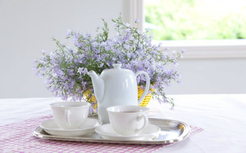 Tea Set with Flowers — White, Serene, Morning, Photograph, Teapot