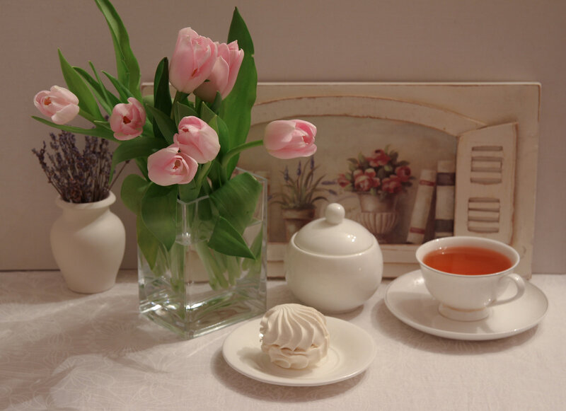 Tea Set with Flowers — White, Serene, Morning, Photograph, Tulips