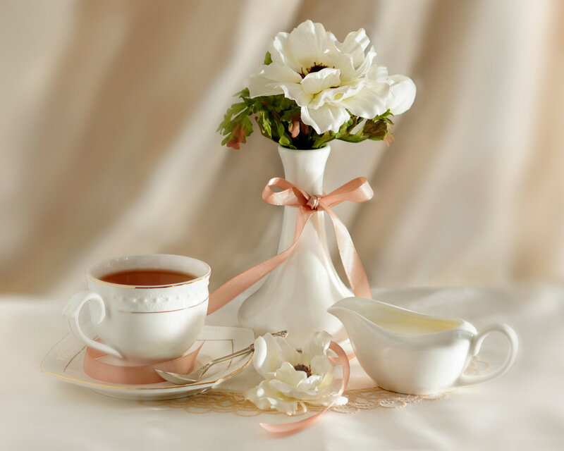 Tea Set with Flowers — White, Serene, Morning, Photograph, Vase, Cup