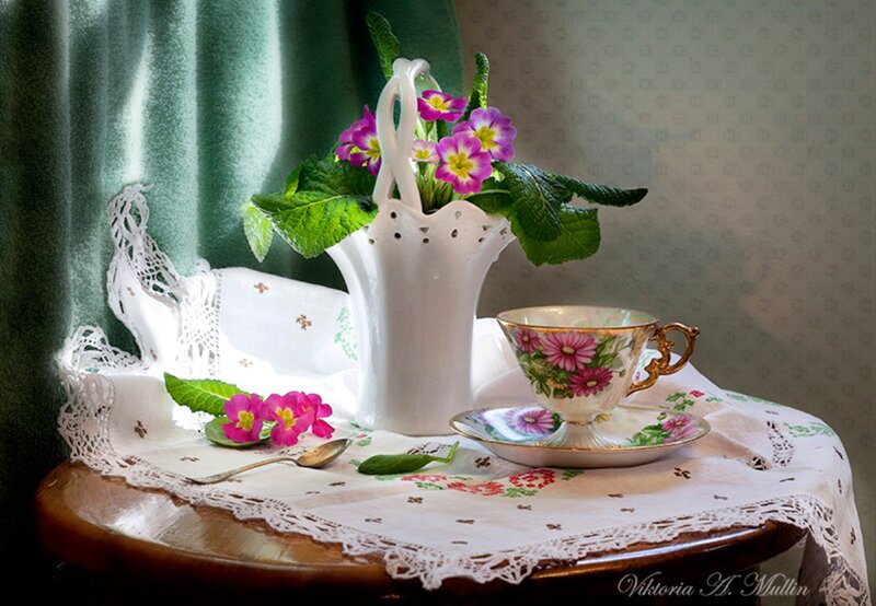 Tea Set with Flowers — White, Serene, Morning, Photograph, Vase