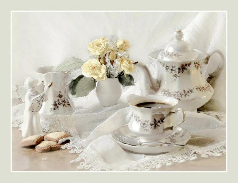 Tea Set with Flowers — White, Serene, Photograph, Angel Figurine