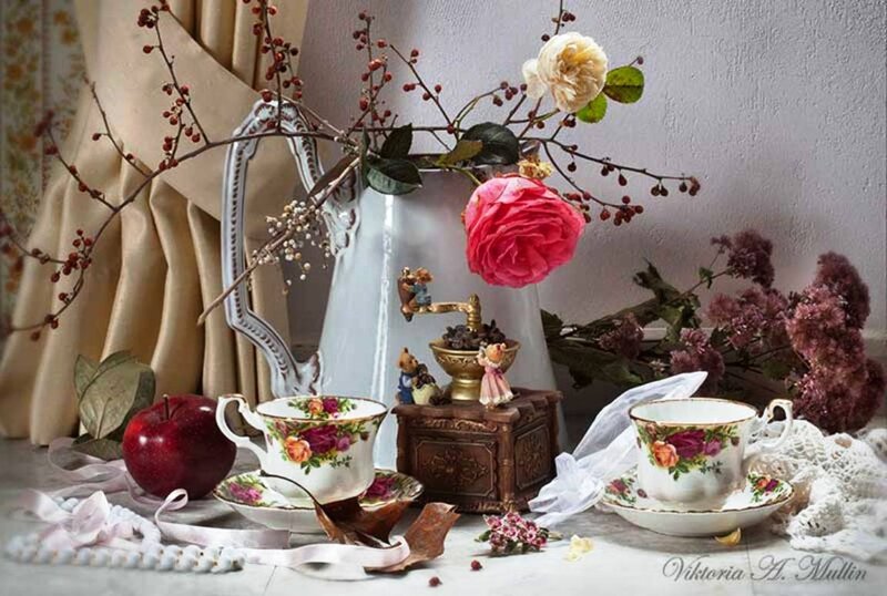 Tea Set with Flowers — White, Serene, Photograph, Apple