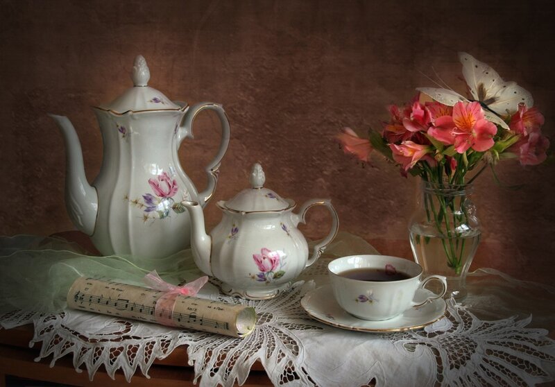 Tea Set with Flowers — White, Serene, Photograph, Butterfly