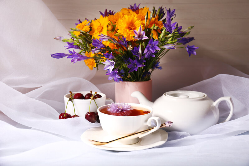Tea Set with Flowers — White, Serene, Photograph, Cherries