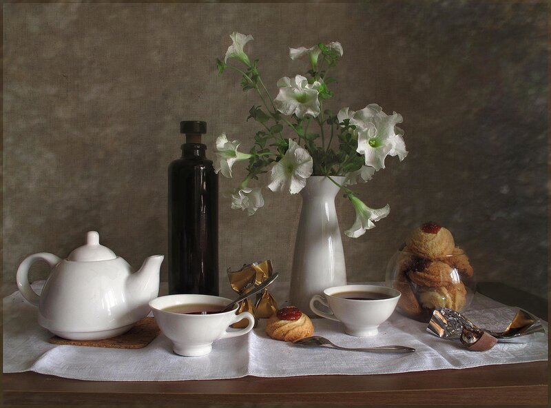 Tea Set with Flowers — White, Serene, Photograph, Cookies