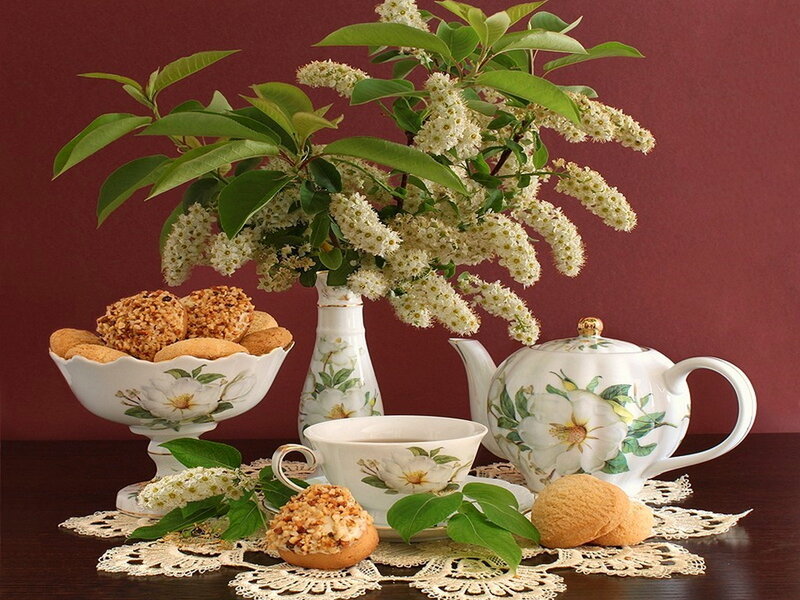 Tea Set with Flowers — White, Serene, Photograph, Cookies, Vase, Teapot