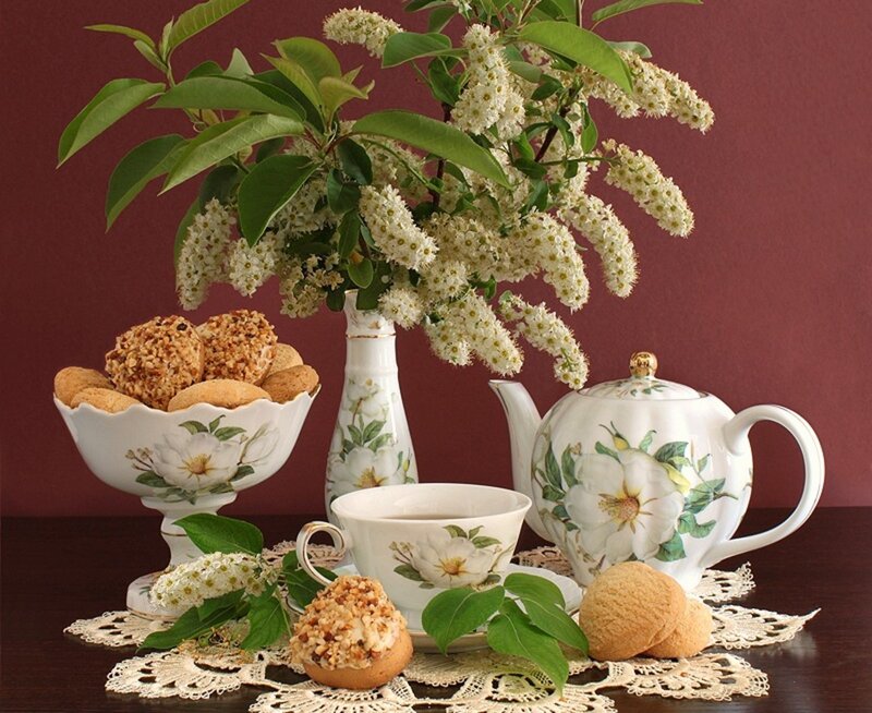 Tea Set with Flowers — White, Serene, Photograph, Cookies, Vase