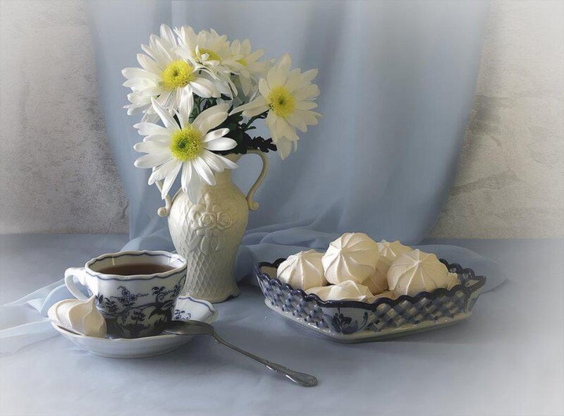 Tea Set with Flowers — White, Serene, Photograph, Cup