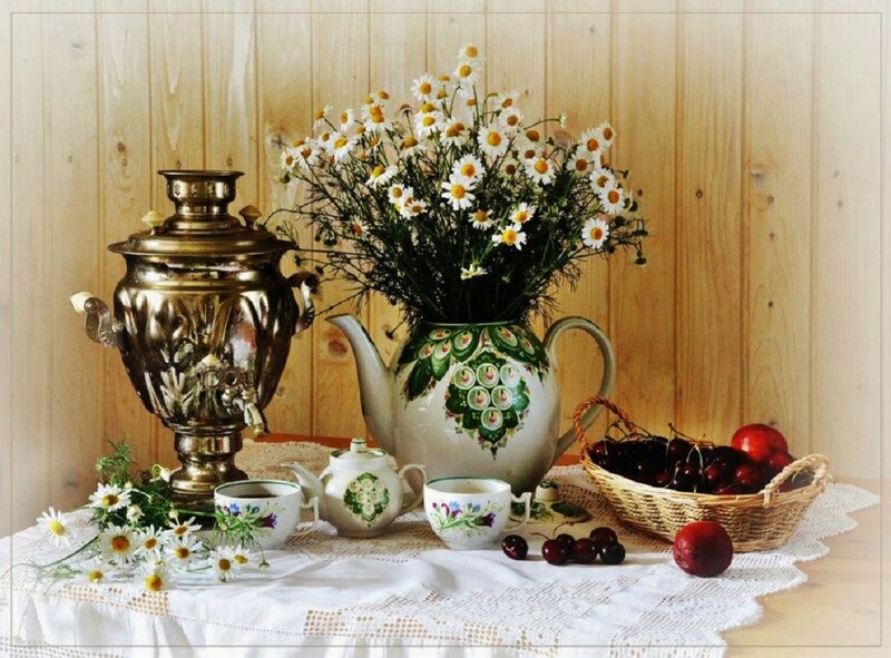 Tea Set with Flowers — White, Serene, Photograph, Fruit