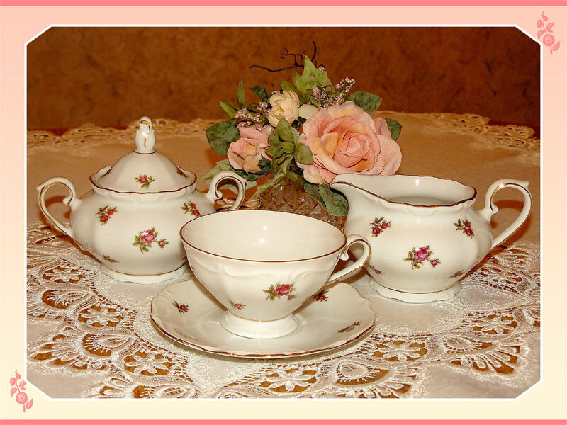 Tea Set with Flowers — White, Serene, Photograph, Lace Tablecloth