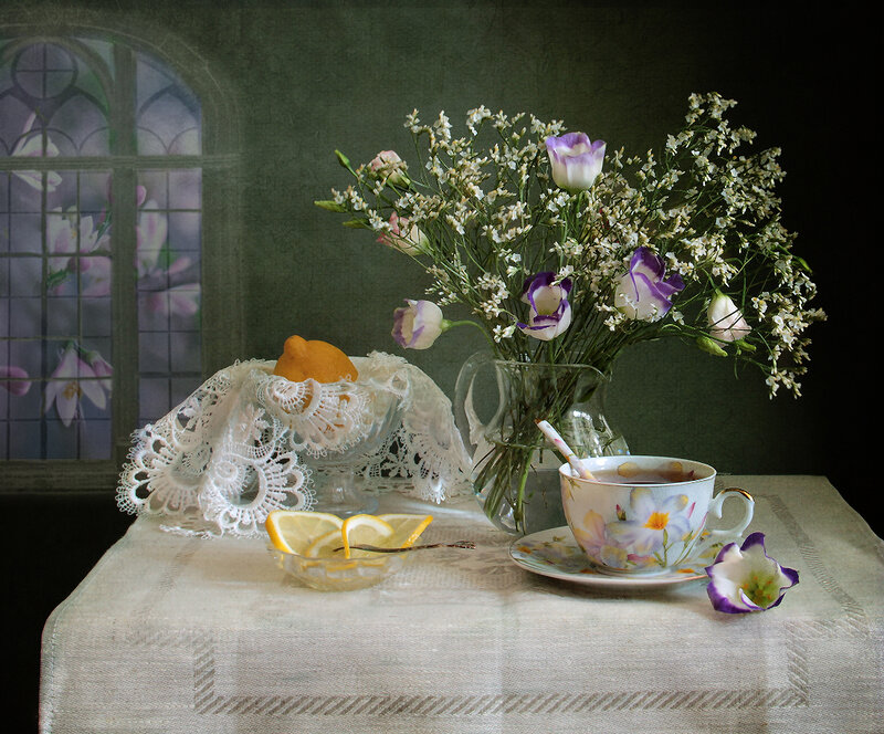 Tea Set with Flowers — White, Serene, Photograph, Lemon
