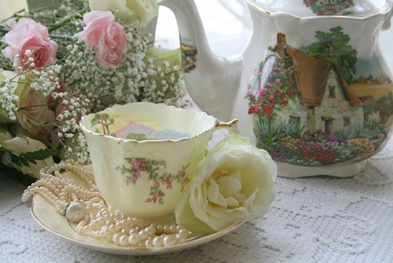 Tea Set with Flowers — White, Serene, Photograph, Roses, Pearls