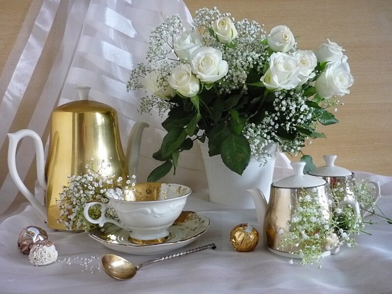Tea Set with Flowers — White, Serene, Photograph, Roses