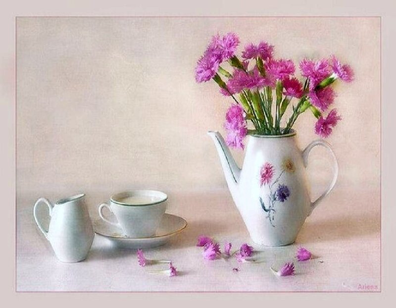 Tea Set with Flowers — White, Serene, Photograph, Teacup