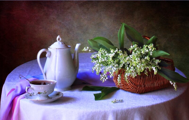 Tea Set with Flowers — White, Serene, Photograph, Teapot, Cup and Saucer