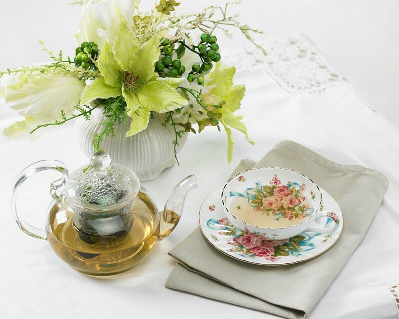 Tea Set with Flowers — White, Serene, Photograph, Teapot, Cup, Napkin