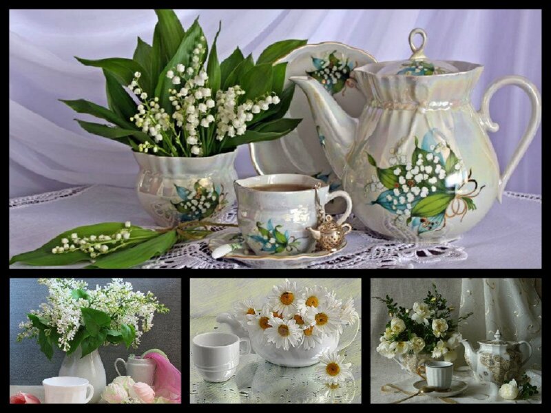 Tea Set with Flowers — White, Serene, Photograph, Teapot, Cup