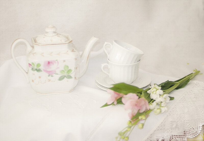 Tea Set with Flowers — White, Serene, Photograph, Teapot, Cups