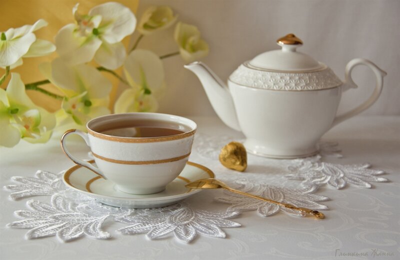 Tea Set with Flowers — White, Serene, Photograph, Teapot, Spoon