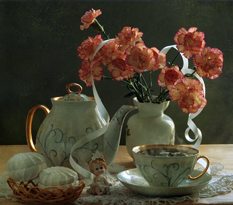 Tea Set with Flowers — White, Serene, Photograph, Teapot