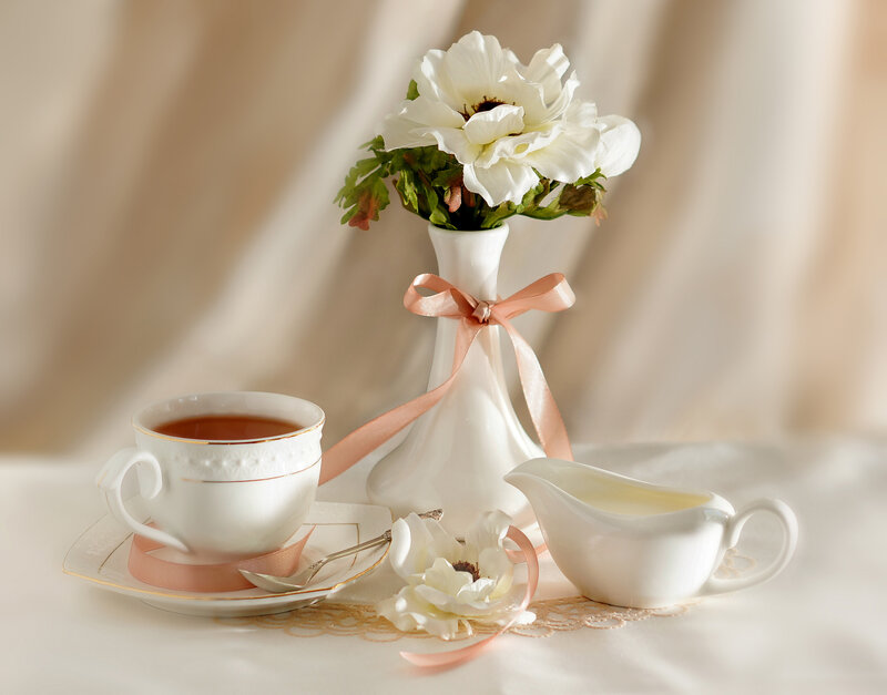 Tea Set with Flowers — White, Serene, Photograph, Vase