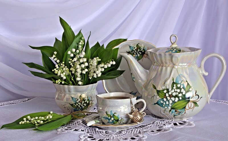 Tea Set with Flowers — White, Serene, Spring, Photograph, Teapot, Cup