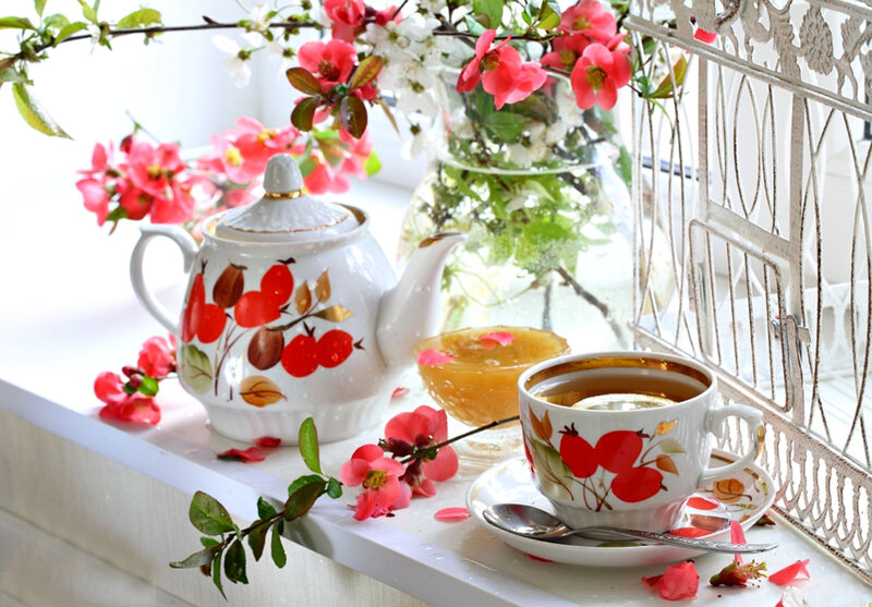 Tea Set with Flowers — White, Serene, Spring, Photograph, Teapot