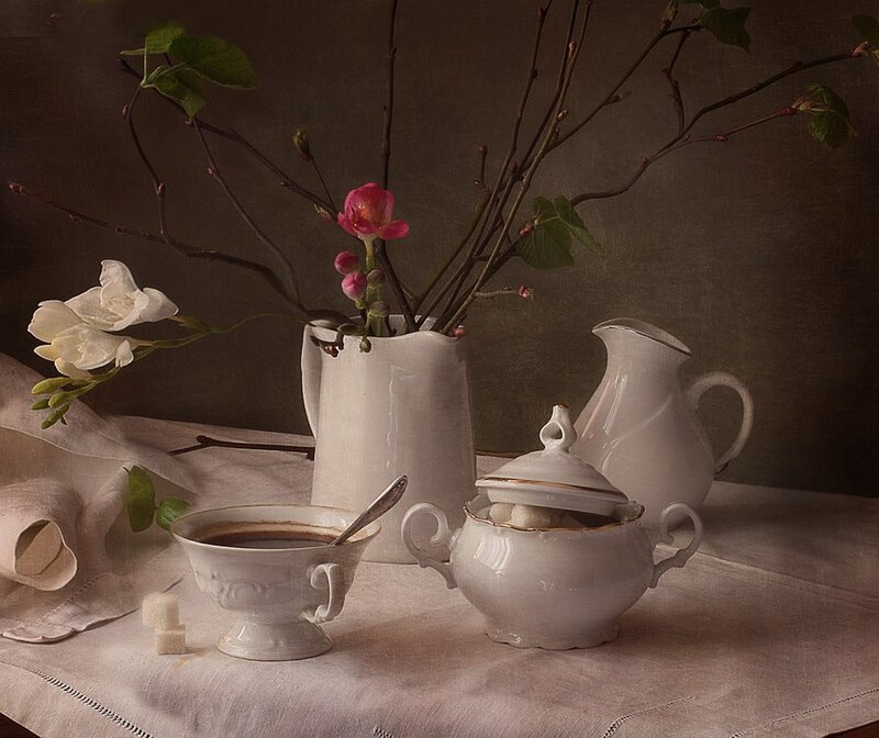 Tea Set with Flowers — White, Serene, Spring, Photograph