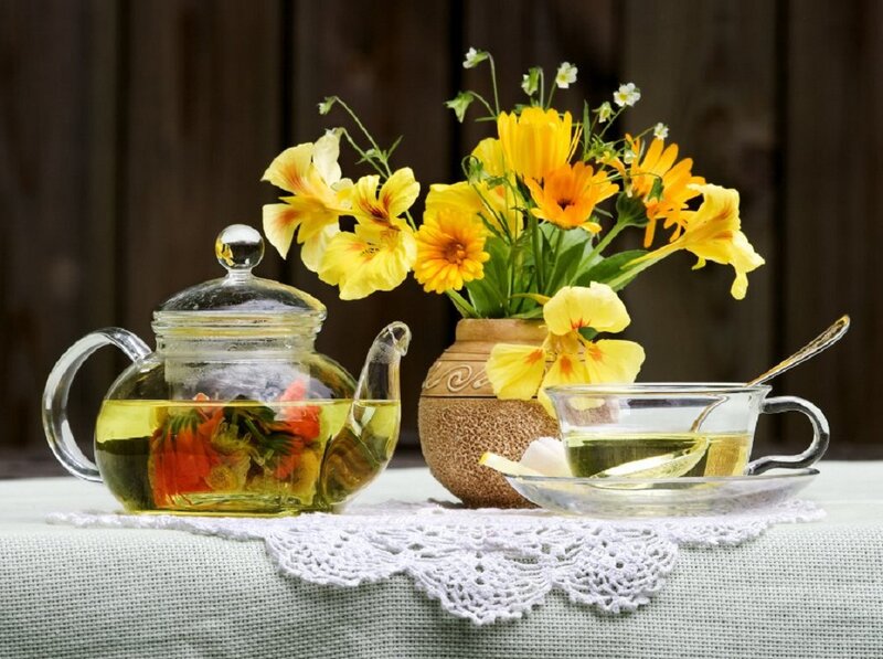 Tea Set with Flowers — Yellow, Serene, Afternoon