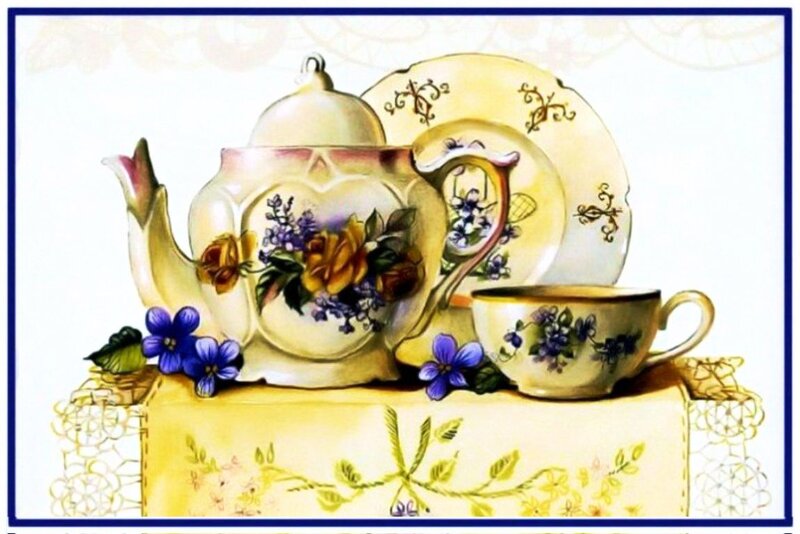 Tea Set with Flowers — Yellow, Serene, Illustration