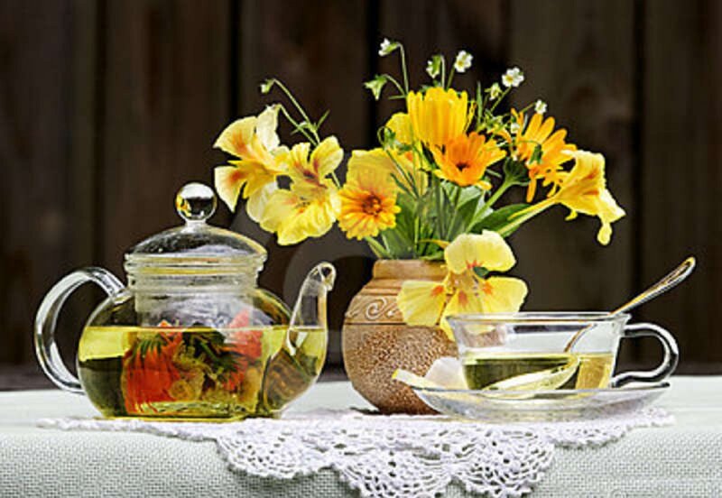 Tea Set with Flowers — Yellow, Serene, Photograph
