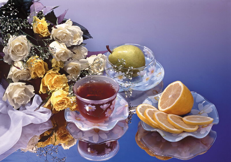 Tea Set with Fruit and Flowers — Blue