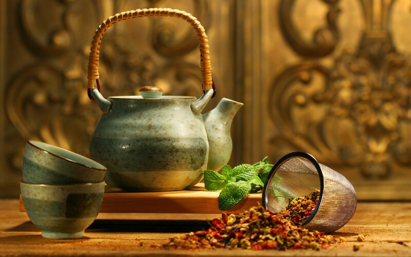 Tea Set with Herbs — Brown, Serene, Photograph, Teapot, Cups, Strainer, Mint