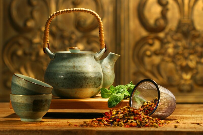 Tea Set with Herbs — Brown, Serene, Photograph, Teapot