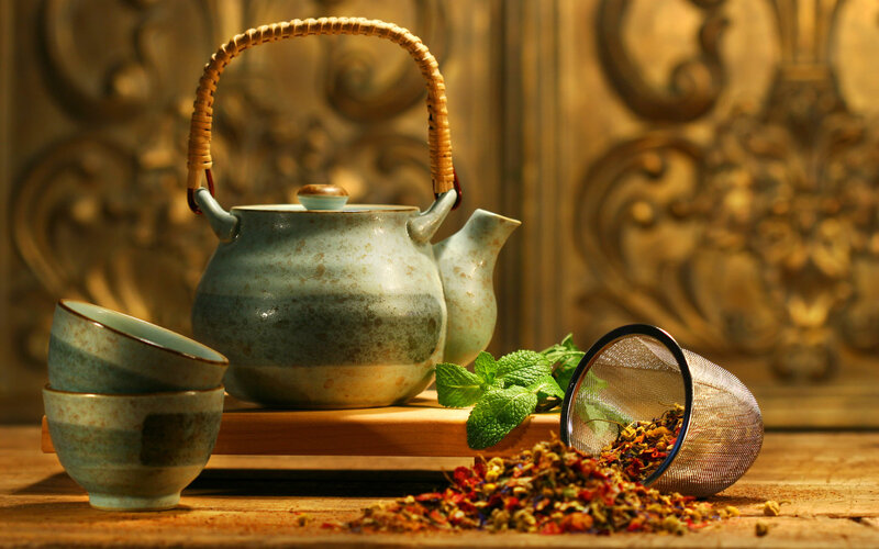 Tea Set with Herbs — Brown, Serene, Photograph