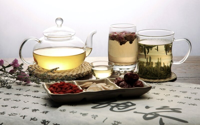 Tea Set with Herbs — White, Serene, Photograph, Teapot, Glasses