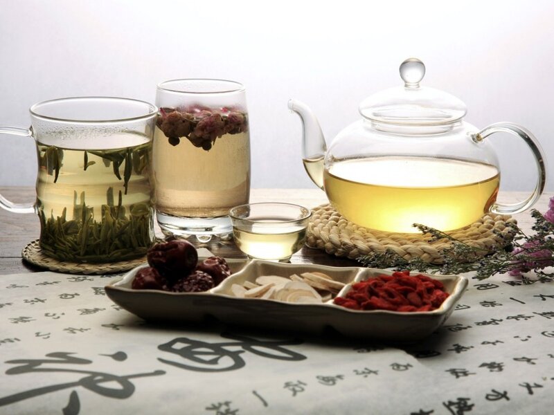 Tea Set with Herbs — White, Serene, Photograph