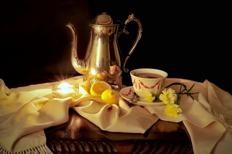 Tea Set with Lemon and Flowers
