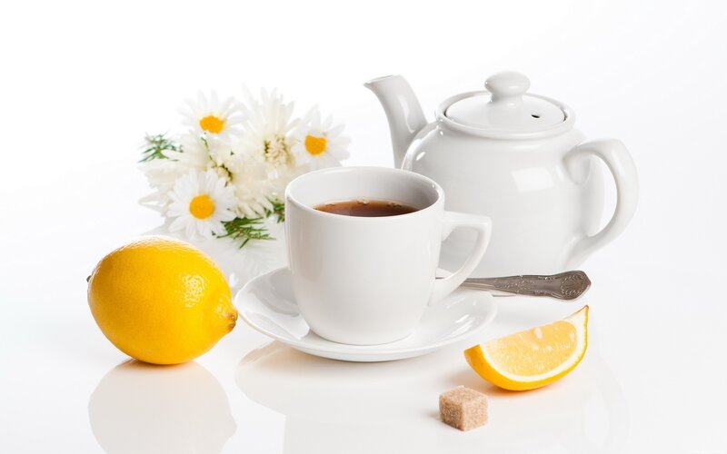 Tea Set with Lemon — White, Calm, Photograph, Daisies