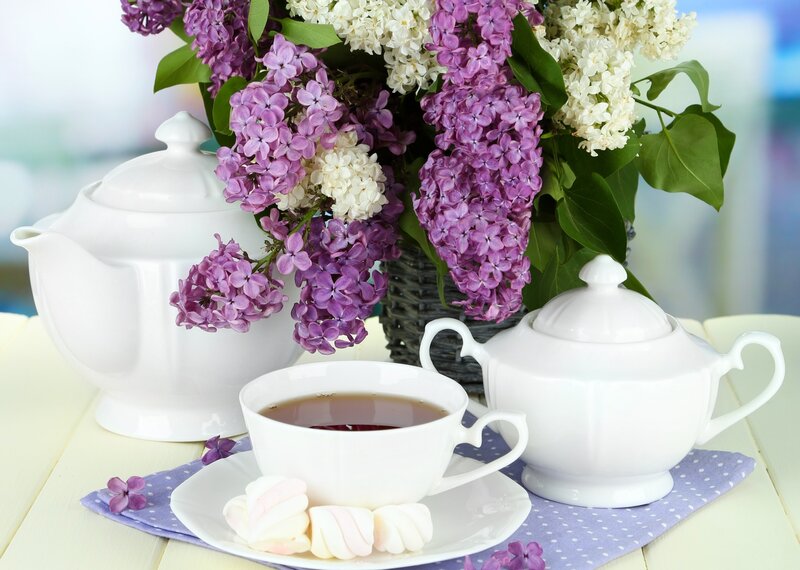 Tea Set with Lilacs — Purple, Serene, Spring, Photograph
