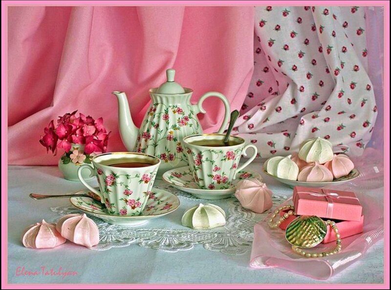 Tea Set with Meringues — Pink, Serene, Photograph