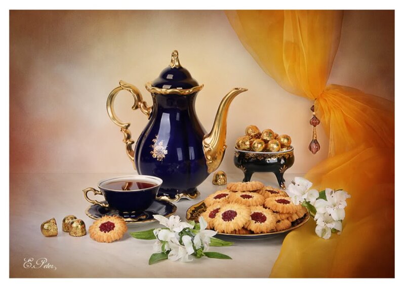 Tea Set with Pastries — Blue, Elegant