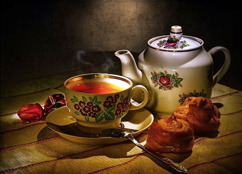 Tea Set with Pastries — Brown