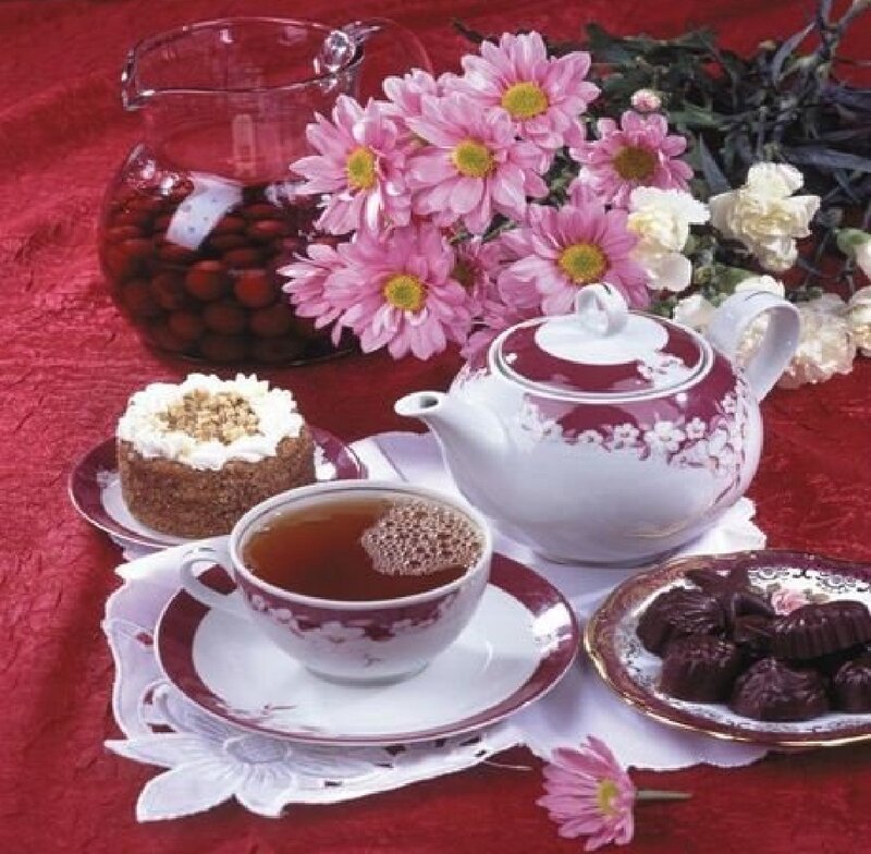 Tea Set with Pastries — Red, Elegant