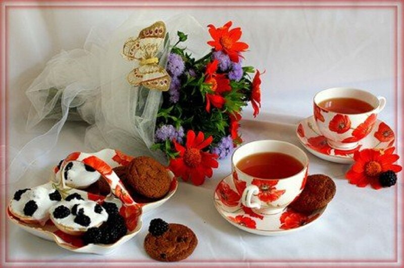Tea Set with Pastries — Red, Serene, Morning